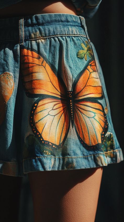 Custom-painted oversized denim shorts featuring a vibrant butterfly mural, shot with a Canon EOS R5 and RF 50mm f/1.2L, natural light, high detail, perfect for summer fashion. Custom Denim Shorts, Oversized Denim Shorts, Butterfly Mural, Vibrant Butterfly, Shorts For Summer, Custom Denim, Custom Painted, Butterfly Art, Custom Paint