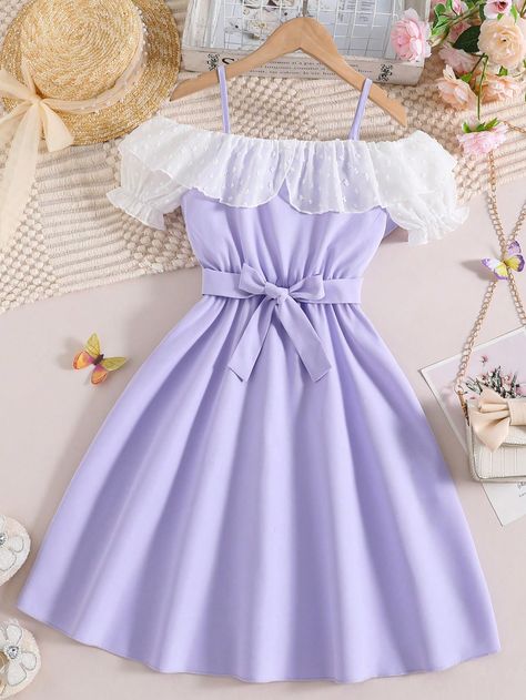 Lilac Purple Cute Collar Short Sleeve Fabric Colorblock A Line Embellished Non-Stretch  Girls Clothing Simple Cute Purple Dresses, Cute Purple Clothes, Purple Princess Summer Dress, Purple Kawaii Clothes, Purple Princess Dress For Summer Dress-up, Outfit Ideas Short, Lilac Dress Kids Casual, Purple Clothes, Purple Cute