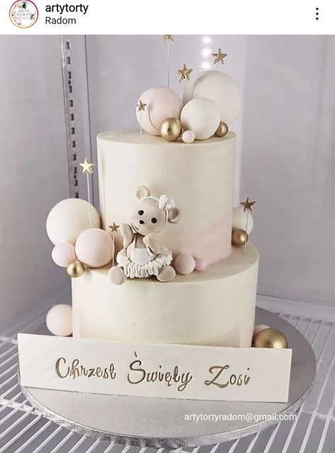 Tort Baby, Baby Dedication Cake, 1st Birthday Cake Designs, Dedication Cake, Giraffe Cakes, White Birthday Cakes, Buttercream Cake Decorating, Baby Shower Theme Decorations