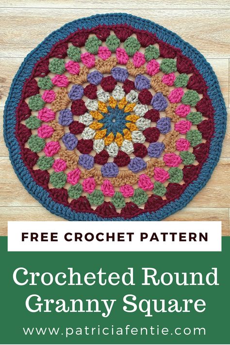 Learn how to crochet a round granny square motif in this FREE Crochet Pattern! This granny square mandala works up beautifully with each round increasing in beautiful symmetry. No octagon shapes here! This round crocheted mandala uses the basic granny square stitch to create a round granny square! Check it out. Circle Granny Square Blanket Free Pattern, Crochet Granny Square Round Free Pattern, Granny Stitch Circle, Circular Granny Square Blanket, Crochet Round Granny Square Pattern, Round Granny Square Crochet Patterns Free, Crochet Granny Stitch In The Round, Granny Circles Crochet Pattern, Free Granny Stitch Crochet Pattern