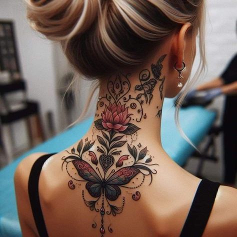 Lower Back Cover Up Tattoos For Women, Back Neck Tattoo, Mandala Hand Tattoos, Neck Tattoos Women, Back Of Neck Tattoo, Tattoos For Women Flowers, Tasteful Tattoos, Neck Tattoos, Hand Tattoos For Women