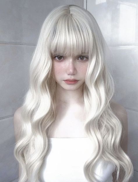 Long White Hair With Bangs, White Hair Bangs, White Hair With Bangs, Angelic Hairstyles, Japanese Bangs, Hair Color Korean, Blonde Hair Korean, Kpop Hair Color, Tan Skin Blonde Hair