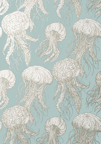 JELLY FISH BLOOM, Aqua, T13170, Collection Summer House from Thibaut Jellyfish Lantern, Construction Wallpaper, Jellyfish Jewelry, Bloom Wallpaper, Jellyfish Illustration, Jellyfish Photography, Jellyfish Tank, Jellyfish Decorations, Jellyfish Aquarium