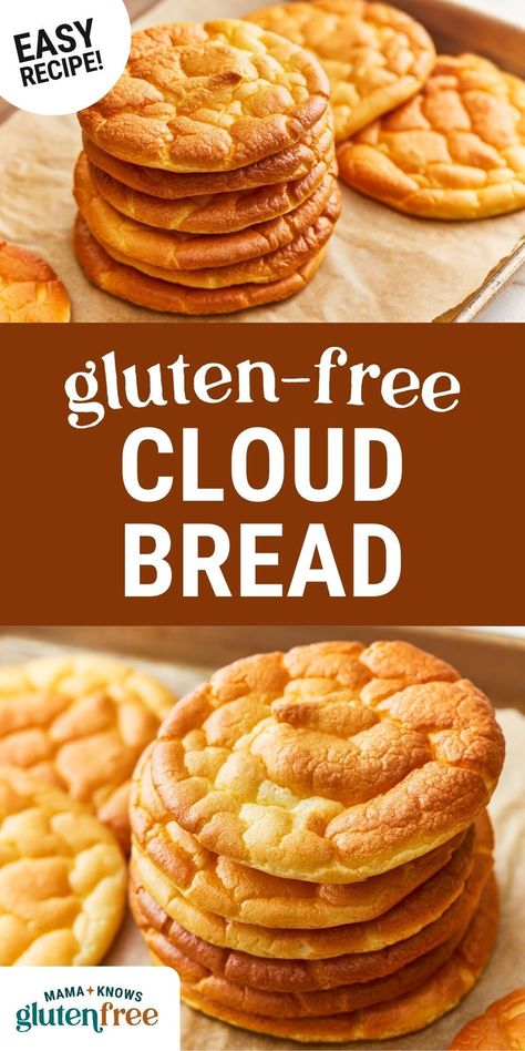 This cloud bread recipe is a game-changer! With just three ingredients, you can create the lightest, fluffiest bread that's gluten-free, low-carb, and keto-friendly. Perfect for sandwiches, pizzas, or a quick snack. Easy Cloud Bread Recipe, Mama Knows Gluten Free, Cloud Bread Recipe, Gluten Free Pita, Bookcase Hack, Gluten Free Stuffing, Bread Substitute, Gluten Free Sides, Gluten Free Appetizers