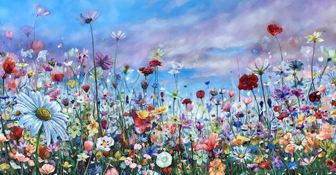 Wild Flower Acrylic Painting, Wild Flowers Art, Horizontal Flower Painting, Wildflower Meadow Painting, Simple Floral Painting, Flower Meadow Painting, Field Of Flowers Painting, Wild Flower Painting, Wild Flower Art