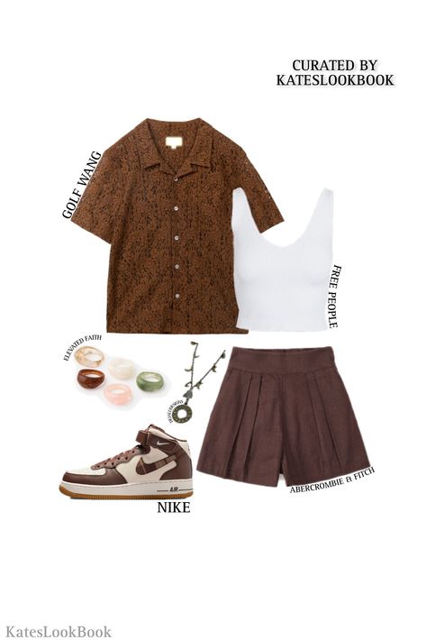 Earthcore Fashion, Brown Cargo Shorts Outfit, Summer Brown Shirt With Buttons, Brown Cotton Cargo Shorts For Summer, Summer Brown Cargo Shorts, Summer Brown Button-up Camp Shirt, Brown Shorts Outfit, Park Fits, Loose Shorts Outfit