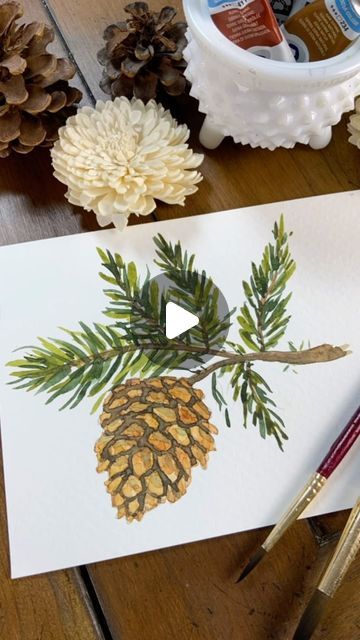 Pine Cone Painting Ideas, How To Paint Pinecones, Pinecone Illustration, Pine Cone Painting, Watercolor Pinecone, Pinecone Art, Painted Pinecones, Paintings Tutorials, Pine Leaf