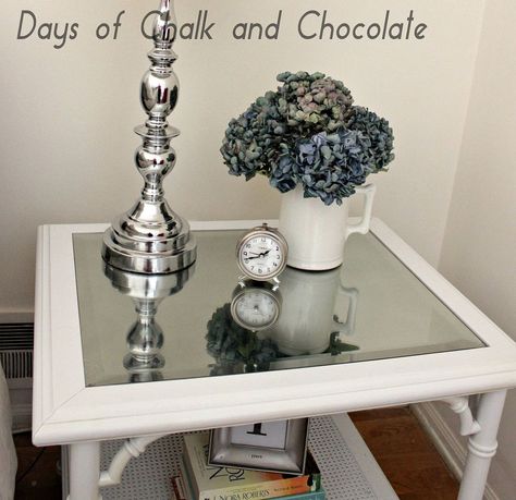 Reinventing a Goodwill Table Into a Chic Nightstand Paint Glass Table Top, Wood Glass Table, Mirror Spray Paint, Refurbished Table, Upcycle Chair, Chic Nightstand, Chalk Paint Makeover, Restoration Hardware Inspired, Glass Table Top