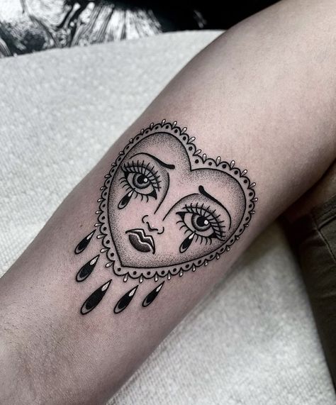 Heart Shaded Tattoo, Weeping Heart Tattoo, Heart With Face Tattoo, Stipple Shading Tattoo, American Traditional Crying Heart, Heart Face Tattoo, Stippling Tattoo, Crying Heart, Heart Tat