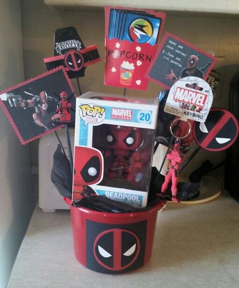 Deadpool Birthday bouquet Marvel Birthday Gift Ideas, Deadpool Birthday Party Ideas, Deadpool Themed Birthday Party, Deadpool Happy Birthday, Deadpool Gifts, Deadpool Party, Deadpool Birthday, Valentines Day Care Package, Best Birthday Surprises