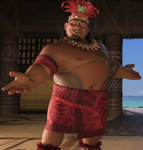 Chief Tui is a supporting character in Disney's 2016 animated feature film, Moana. He is the village leader of Motunui, and the father of Moana. After losing a loved one to the seas, Tui developed aquaphobia, and forbade his people from journeying beyond Motunui's reef. Tui's law created some conflict with his daughter, who dreamt of becoming a voyager. Tui is the chief of the people on the island of Motunui, having succeeded his father. In the days of his youth, despite the laws that forbade Chief Tui Moana, Moana Jr, Christopher Jackson, Disney Emoji Blitz, Disney Wiki, Disney Emoji, Disney Images, Black Curly, Medium Curly Hair Styles