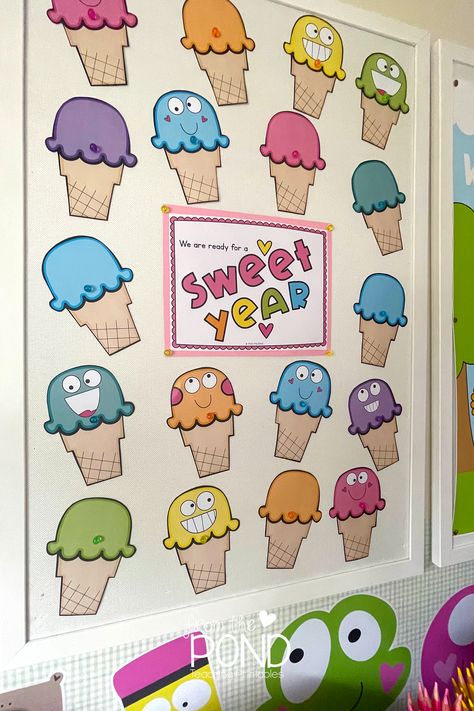 Create a sweet classroom display with our printable ice cream name tags and message board. This set has had an update to include even more options! Read more on the blog! Ice Cream Back To School Bulletin Board, Ice Cream Cone Bulletin Board Ideas, Ice Cream Door Decoration, Ice Cream Name Tags, Ice Cream Classroom Theme Decor, Ice Cream Classroom Door, Classroom Name Board, Ice Cream Door Decorations Classroom, Ice Cream Theme Classroom