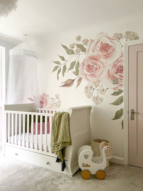 Baby Girl Nursery Mural, Girl Nursery Mural, White And Pink Nursery, Flower Wallpaper Wall, 3d Flower Wallpaper, Rooms Wallpaper, Pink And Green Nursery, Designs For Walls, Stickers For Walls