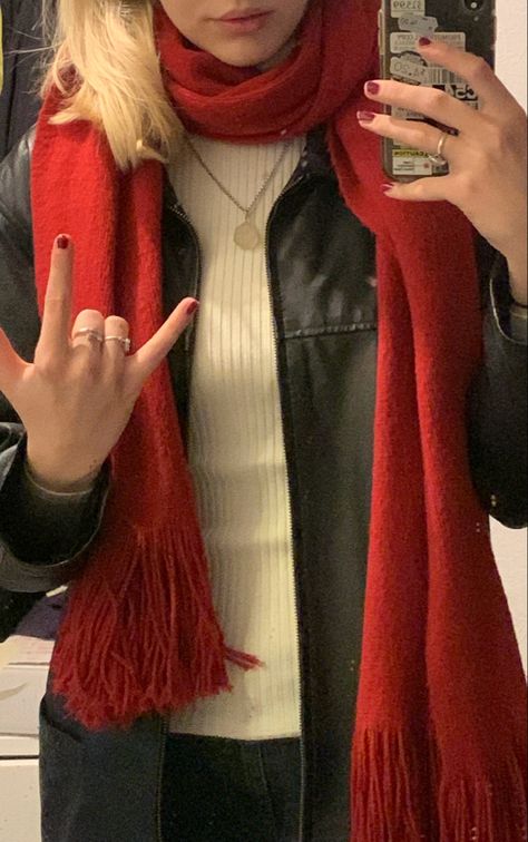 Red Autumn Outfits Aesthetic, Red Scarf Outfit Aesthetic, Red Scarf Outfit Winter, Red Scarf Aesthetic, Scarf Outfit Aesthetic, Scarves Aesthetic, Red Winter Outfits, Red Scarf Outfit, Scarf Aesthetic