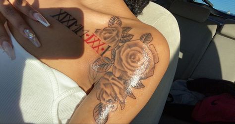 Roman Numbers Tattoo Women Shoulder, Tattoo Ideas For Black Females Arm, Tat Sleeves For Women, Baddie Shoulder Tattoo Ideas Female, Rest In Peace Tattoos Black Women, Medium Arm Tattoos For Women, Shoulder Tats Black Women, Neck And Shoulder Tattoos, Birthday Tattoos For Women