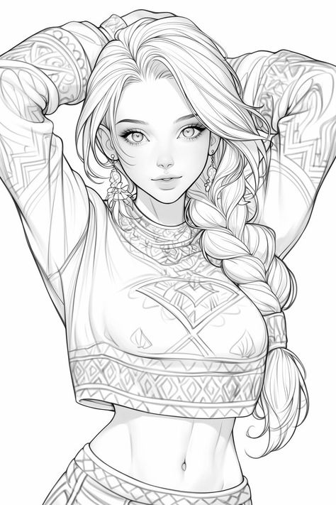 Sketch On Book Pages, Beautiful Woman Drawing, Person Coloring Page, Cute Adult Coloring Pages, Coloring Pages Girl, Baddie Coloring Pages, Character Art Female, Braid Drawing, Woman Coloring Pages