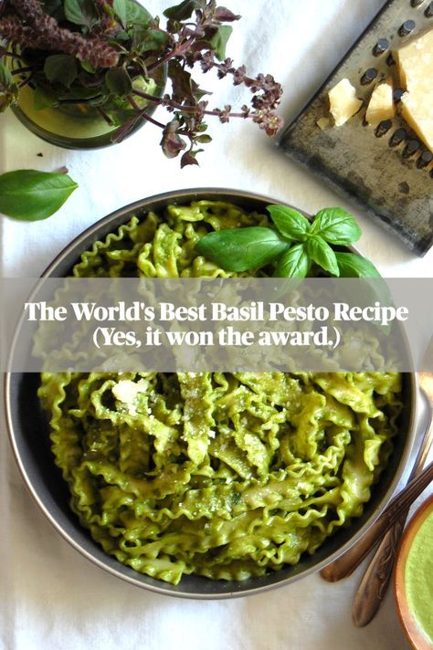 There's pesto, and there's the World's Best Pesto. Here's the (easy! no cook!) recipe that won the world championships in Italy, from an Italian chef now in Maine. With just a few ingredients like fresh basil, pecorino and Parmigiano cheese, olive oil, garlic, and a secret ingredient -- ok, water -- you can have this silky, fragrant, and delicious pesto recipe. An easy pesto pasta or chicken dinner. . . . . . #pesto #basil #pestorecipe #pestochicken #nocookmeals #easydinnerrecipes #basilchicken The Best Pesto Recipe, No Cheese Pesto, Pesto Recipe No Cheese, No Garlic Pesto, Best Pesto Recipe Basil, Best Pesto Pasta Recipe, Italian Pesto Recipe, Pesto No Cheese, Pasta With Basil Pesto