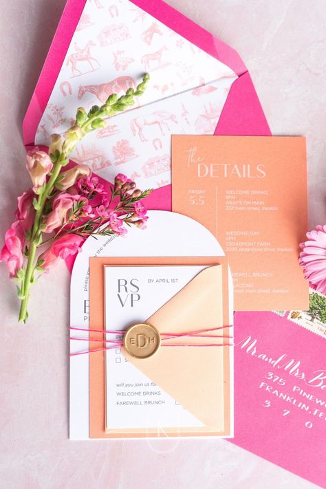 Pink And Orange Wedding Stationary, Pink And Orange Spring Wedding, Bright Pink Wedding Invitations, Colorful Flower Wedding Invitations, Coral Wedding Colors Palette, Orange And Pink Fall Wedding Colors, Pink Orange Invitation, Red Orange Pink Yellow Wedding, Pink Wedding Signs