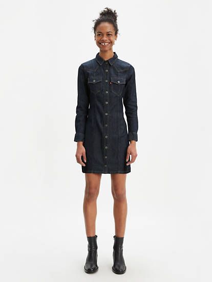 Gia Western Dress - Black | Levi's® US Levis Outfit, Western Dress, Black Levis, Chevron Design, Tapered Pants, Western Dresses, Vintage Levis, Levis Jeans, Denim Dress