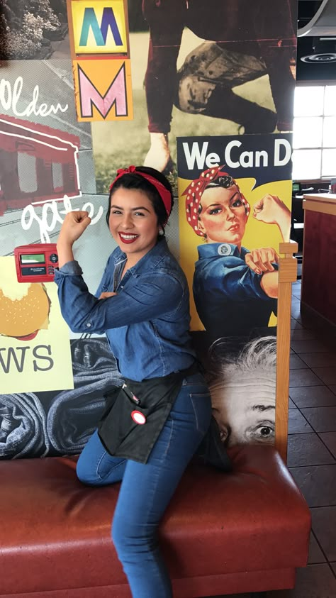 Rosie the Riveter inspired outfit for spirit week : decades day : 40's costume : comfortable: waitress 40s Costume, Decades Day Spirit Week, Decades Outfits, Decades Day Outfits, Decades Day, Decade Day, 90s Theme Party Outfit, Decades Costumes, Spirit Costume