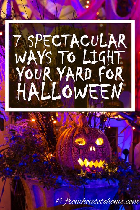 Learn how to create a spooky Halloween display in your yard with these great outdoor lighting ideas! Your house will have the best show on the block! Spooky Outdoor Halloween Decor, Halloween Lighting, Halloween Lighting Outdoor, Halloween Haunted House Decorations, Outdoor Lighting Ideas, Outdoor Halloween Decorations, Halloween Decor Ideas, Yard Haunt, Halloween Graveyard