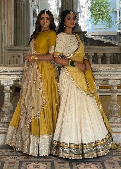 Sisters Twinning Indian Outfits, Lehenga Ideas For Brother's Wedding, Outfit Ideas For Sisters Wedding, Haldi Family Outfits, Wedding Wear For Sister Indian, Dresses For Brothers Wedding, Engagement Outfits Indian Sisters, Brothers Wedding Outfit For Sister, Brother Wedding Dress For Sister Indian