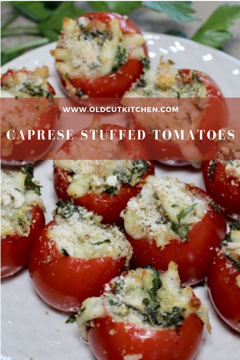 Caprese Stuffed Tomatoes Stuffed Campari Tomatoes, Cocktail Tomatoes, Campari Tomatoes, Tomato Appetizers, Tomatoes Recipes, Stuffed Tomatoes, Baked Tomatoes, Appetizers Easy Finger Food, Italian Appetizers