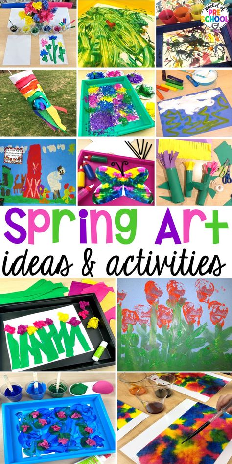 Spring art activities to brighten your preschool, pre-k, and kindergarten rooms. Spring Art And Craft For Preschool, Art Show Ideas For Preschoolers, Spring Process Art Preschool, Spring Art For Preschool, Spring Painting For Kids, Preschool Spring Art, Spring Art For Toddlers, Spring Crafts For Kindergarten, Spring Process Art