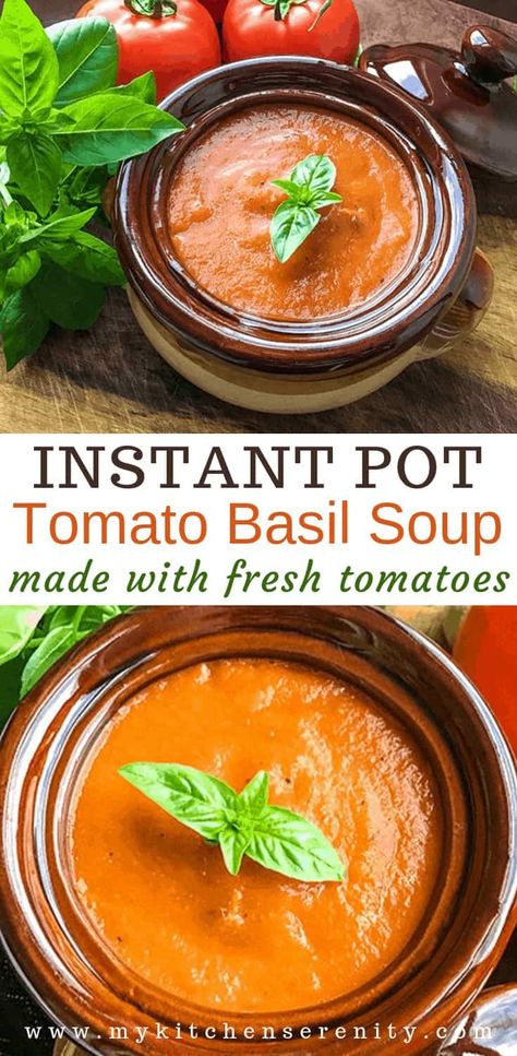 Fresh tomatoes, vegetables, and herbs come together in your instant pot for delicious, nutritious homemade Tomato Soup.  Warming, comforting soup ready in 30 minutes!  Makes 4-6 servings. #instantpotsoup #tomatosouprecipe #fallsouprecipes #instantpottomatorecipes Instant Pot Tomato Basil Soup, Instant Pot Tomato Soup, Tomato Soup From Scratch, Fresh Tomato Soup, Tomato Basil Soup Recipe, Homemade Tomato Soup, Tomato Soup Homemade, Comforting Soup, Basil Soup