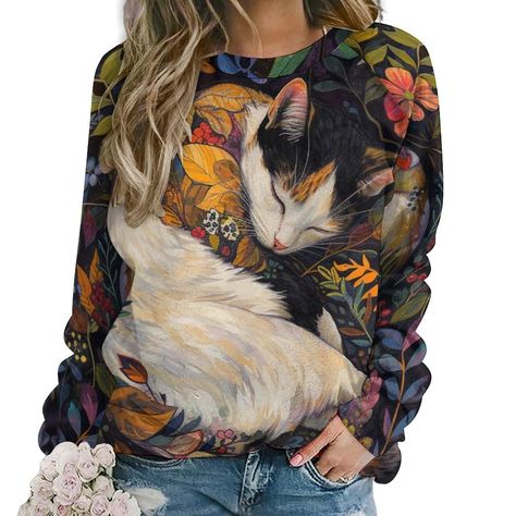 PRICES MAY VARY. Soft Fabric: This funny cat sweatshirt cat graphic sweater is made of Polyester+ Cotton+Spandex. Comfy, soft, stretching, and lightweight to wear. Design: cat graphic sweatshirt,cat sweatshirts,cat sweater women,cute cat and flower sweatshirts,funny novelty graphic,blue wave cat t shirt,3D print,tie dye flower and cat print sweatshirts,kawaii sweatshirt,2024 fall winter clothes,cat printed,stylish funny print, long sleeve crewneck pullover sweatshirt. A cute and unique design makes you more cute and fashionable. Occasion: This long sleeve cute cat sweatshirt is for ladies and women. The crewneck pullover sweatshirt style is easy to dress up or dress down. Fit for casual, date, shopping, going out, sportswear, daily, home wear, outdoor, party, and cosplay. Perfect Gift: The Kawaii Sweatshirt, Flower Sweatshirt, Oversized Crewneck, Graphic Sweaters, Funny Prints, Cat Sweatshirt, Cat Graphic, Funny Sweatshirts, Pullover Shirt