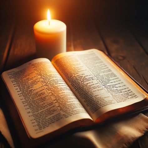 An open Bible on a wooden table, with its pages open to the Gospel of John. Beside the Bible, there is a small, lit candle symbolizing the light of Christ. The scene is warmly lit, with a focus on the Bible's pages, creating an atmosphere of warmth and inner peace. The candle's soft light illuminates the words, emphasizing the theme of divine peace and tranquility. Bible Photos Image, Bible Reading Pictures, Bible Pictures Photography, Open Bible Image, Bible Images Books, Christian Candles, Scripture Affirmations, Bible Background, Affirmations For Healing