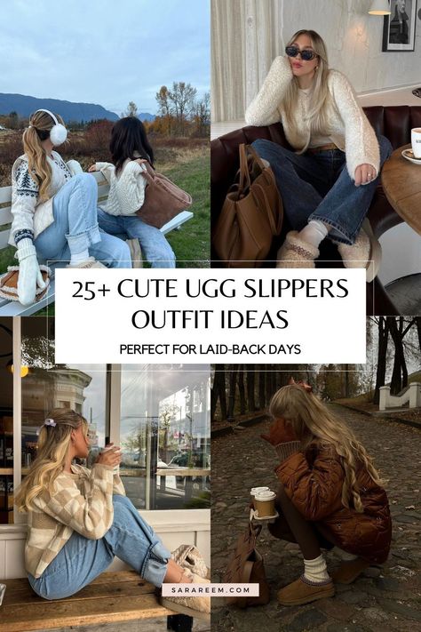 Looking for the perfect Ugg Slippers Outfit inspo? Get ready to stay comfy, cute, and cozy this fall and winter 2024 season with these chic, trendy outfit ideas! Whether you're into black leggings, a baddie look, or the cozy vibes of the Tasman platform and Scuffette slippers, we’ve got you covered. From fuzzy and fluffy Uggs to pink, tan, and grey styles, these Ugg slippers outfit ideas are the ultimate in casual, laid-back fashion. Platform Sherpa Uggs, Ugh Slippers With Socks, Dress With Slippers Outfit, Ugh Talisman Outfits, Leggings And Ugg Slippers, Jeans And Ugg Slippers Outfits, Ugg Slippers With Jeans, Outfits With Ugg Clogs, Uggs For Women