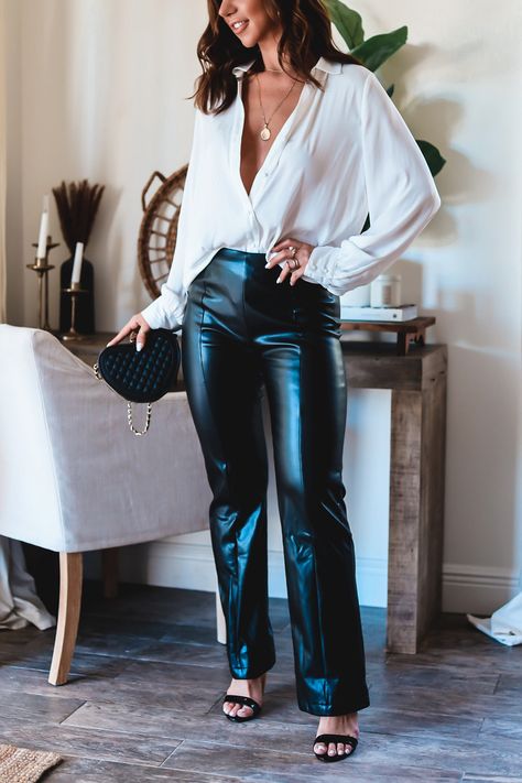 We are obsessed with these mid-rise faux leather pants. Styled with our favorite every day Aria blouse. No elastic, Back Zipper closure.Front and back seam on legs. Runs: Runs Small we recommend sizing up. Small runs like X-small Model is wearing a size MEDIUM. She is 5'6". 130lbs. Bust: 34" Waist 26" Hips 36" Womens Leather Pants Outfit, Leather Straight Leg Pants Outfit, Flared Leather Pants Outfit, Black Faux Leather Pants Outfit, Wide Leg Pants Outfit Casual, Leather Pants Outfit Going Out, Leather Top Outfit, Leather Pants Outfits, Leather Pants Outfit Night