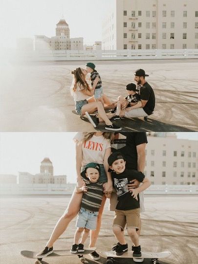 Casual Downtown Family Photoshoot, Leather Pants Family Photos, California Family Photos, Downtown Rooftop Family Photoshoot, Downtown Family Photoshoot Outfits, Skate Family Photoshoot, Street Wear Family Photoshoot, Vans Family Pictures, Family Photos Parking Garage