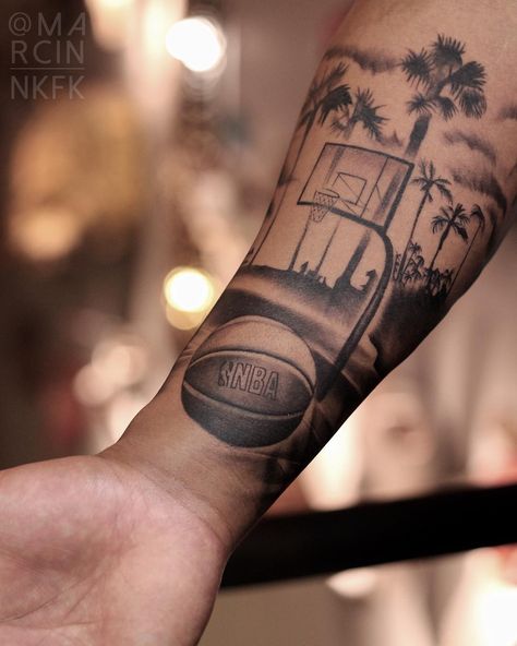 Marcin NIKIFORUK•Tattoo Artist on Instagram: “One of my all time favorite. Thanks a lot @kevona4 🙏🏻🏀 part 1/2” Basketball Tattoo Design, Eli Tattoo, Basketball Tattoos, Outer Forearm Tattoo, Sport Tattoos, La Tattoo, Full Arm Tattoos, Cool Arm Tattoos, Black Men Haircuts