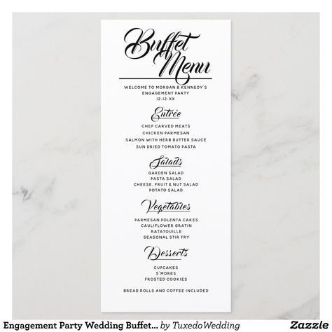 Engagement Party Wedding Buffet Menu Card | Zazzle.com Menu For Wedding Buffet, Wedding Dinner Menu Ideas Buffet, Simple Wedding Menu Ideas Food, Buffet Menu Wedding, Wedding Menu Ideas Buffet, Wedding Menu Signs Buffet, Menu Cards For Buffet Wedding, Buffet Menu Cards, Wedding Reception Menu Ideas