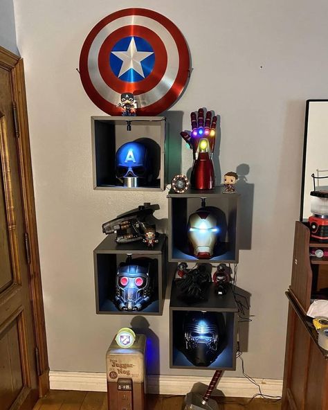 Marvel Display Ideas, Marvel Gaming Room, Marvel Collection Room, Marvel Collection Display, Marvel House Decor, Marvel Game Room, Marvel Decorations Room, Marvel Things To Buy, Marvel Decorations