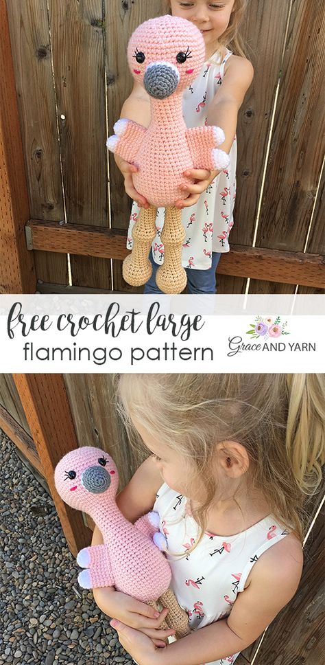 Quick and easy free crochet pattern for a larger size flamingo! You can find the step by step tutorial with helpful photos along the way at graceandyarn.com! Crochet Flamingo Pattern, Crochet Flamingo, Crochet Animal Amigurumi, Confection Au Crochet, Pola Amigurumi, Flamingo Pattern, Crochet Simple, Crochet Amigurumi Free, Crochet Animal Patterns