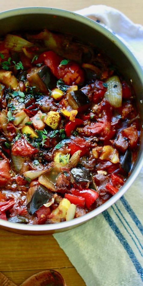 Every year when the summer harvest finally hits, we get an explosion of fresh vegetables! The supply is literally endless. Everywhere you look, there's fresh eggplants, squash, zucchini, tomatoes, peppers, and jalapeños on top of all the... Eggplant And Jalapeno Recipes, Eggplant Zucchini Peppers Recipe, Eggplant Squash Tomato Recipe, Eggplant Ratatouille Recipe, French Eggplant Recipes, Soup With Eggplant, Eggplant Squash Zucchini, Eggplant Squash Recipes, Eggplant Zucchini Tomato Recipes