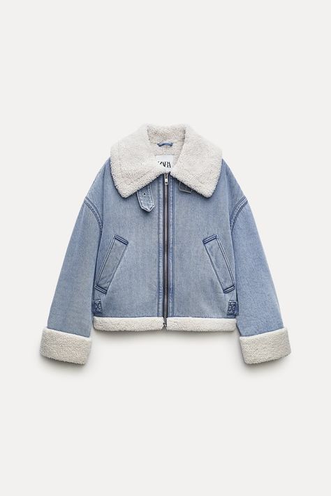 FAUX SHEARLING BIKER JACKET ZW COLLECTION - Indigo | ZARA Canada Zara Denim Jacket, Zara Fall, Cropped Biker Jacket, Gingham Jacket, Zara Coat, Long Overcoat, Cropped Blazer Jacket, Long Black Coat, Dr Wardrobe