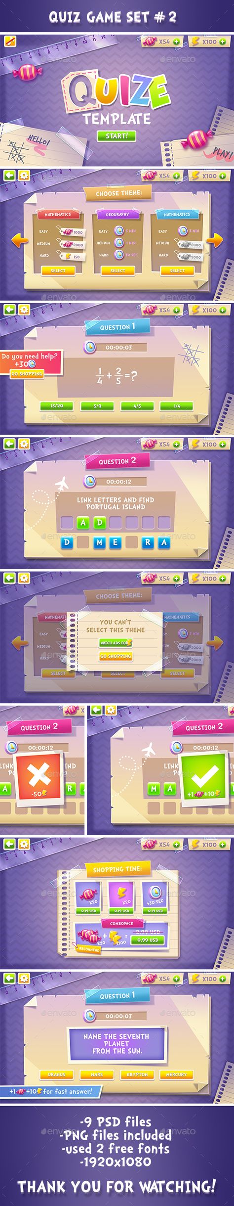 Puzzle or Quiz Game Template - User Interfaces Game Assets Quiz Game Design, Quiz Game Ui, Puzzle Game Ui, Quiz Design, Game Gui, Game Style, Ui Game, Puzzle Games For Kids, Gui Design