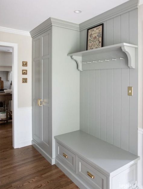 Breezeway Color, Boot Room Decor, Mini Mudroom Entryway, Entry Cupboard, Mud Room Paint Colors, Mudroom Colors, Bungalow Hallway, Entrance Hall Storage, Boot Room Utility