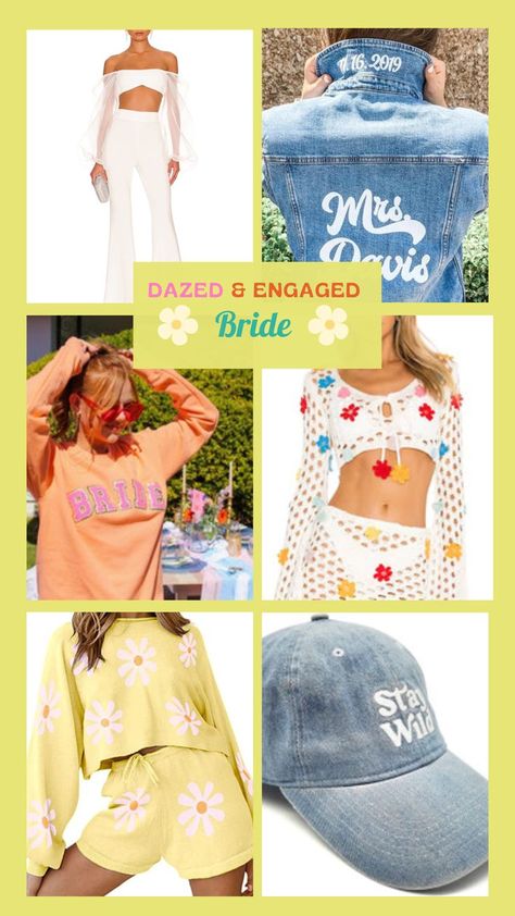 Hippie-themed bachelorette party style ideas for the bride: flowy maxi dresses, retro jumpsuits, earthy accessories, boho-chic fashion, floral patterns, tie-dye splendor, free-spirited vibe, create unforgettable memories at Dazed & Engaged celebration. Hippie Inspired Outfits, Dazed And Engaged Bachelorette, Hippie Bride, Ultimate Bachelorette Party, Bachelorette Inspo, Bohemian Beauty, Bachelorette Party Planning, Bachelorette Party Outfit, Bride Bachelorette