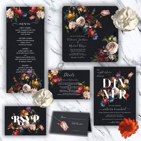 Rembrandt Floral Dark & Moody Wedding Tri-Fold Invitation Moody Floral Wedding, Dark Wedding Invitations, Dark Moody Wedding, Moody Wedding Invitations, Wedding Wine Labels, Wedding Response Cards, Floral Save The Dates, Dark Wedding, Wedding Anniversary Invitations