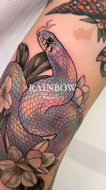 Anke 🍋 on Instagram: "Loving the rainbow snake phase so much so keep them coming 🥹✨ #rainbow#snaketattoo#tattooing#neotrad#neotraditional#tattoosnob#neotradsub#ladytattooers#germantattooers#naturelovers#instagood#hellohashtagreader" Striking Snake Tattoo, Yellow Snake Tattoo, Iridescent Snake Tattoo, Neo Trad Snake Tattoo, Cute Neotraditional Tattoo, Rainbow Snake Tattoo, Hognose Tattoo, Colored Snake Tattoo, Pink Snake Tattoo