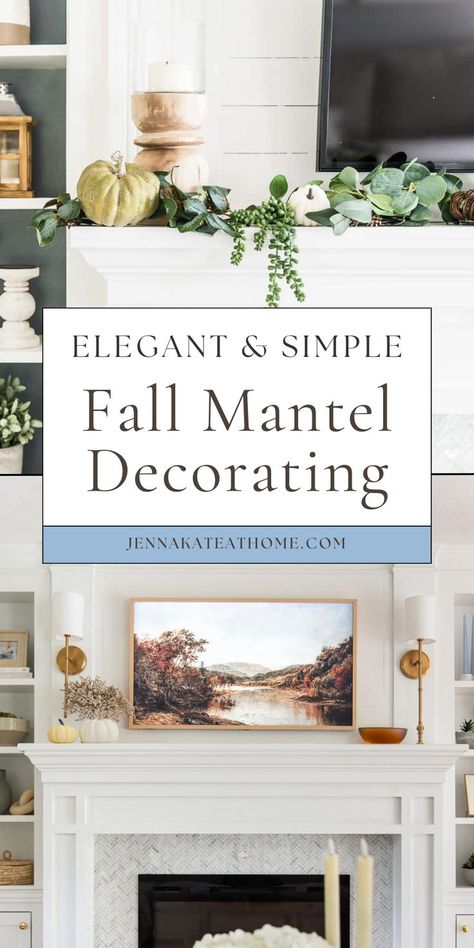 Discover fall mantel decorating ideas that are minimalist and simple, featuring blue accents and pumpkins. Create cozy fall mantel decor with TV that blends seamlessly into your autumn decor. These fall fireplace decor ideas offer timeless style with elegant accents. Mantel Decor With Tv, Simple Fireplace Mantel, Simple Mantel Decor, Decor Under Tv, Fireplace Fall Decor, Kitchen Fall Decorating Ideas, Fall Mantel Decorating Ideas, Fall Fireplace Mantel, Bedroom Fall Decor