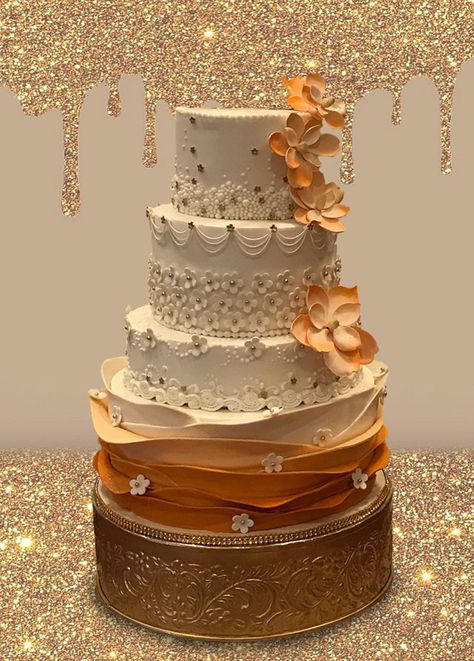 Ivory Round Tiers Ivory Round Tiers wrapped with orange ribbon and white floral accents. Orange Quince, Orange Quinceanera, Autumn Cakes, Stunning Wedding Cakes, Quince Cakes, Winter Cakes, Quince Cake, Tiered Cake Stands, Tiered Cake Design