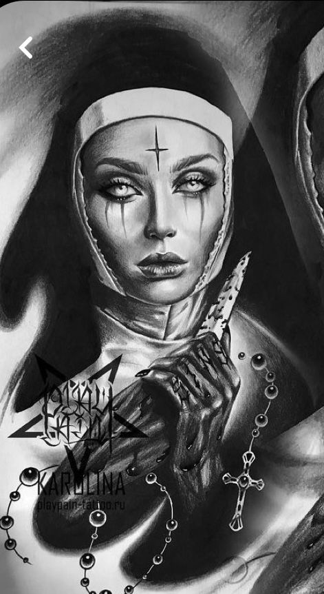 Demon Female Drawing, Scary Nun Tattoo, Demonic Nun Tattoo, Bad Nun Tattoo, Evil Tattoos Demons, Nun Tattoo Design, Angel Demon Tattoo, Nun Tattoo, Bandana Tattoo