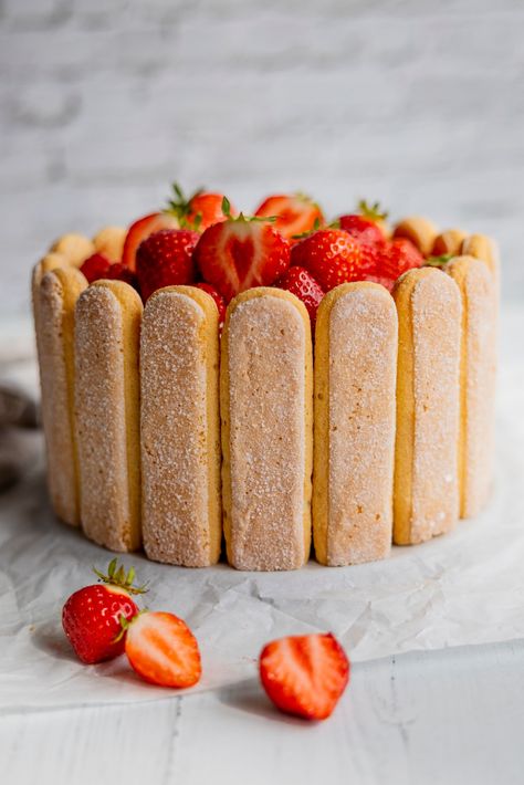 Strawberry Charlotte Cake - RECIPE - nobizlikedoughbiz Charlotte Cake Recipe, Strawberry Charlotte Cake, Mousseline Cream, Strawberry Charlotte, 7 Inch Cake, Easy Cakes To Make, Charlotte Cake, Summer Cakes, Strawberry Sauce