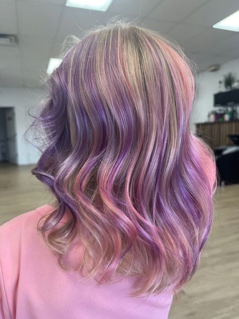 Pink and purple highlights Pink Purple Highlights Blonde Hair, Blonde With Pink And Purple Highlights, Purple And Pink Hair Highlights, Pink And Purple Streaks, Barbie Highlights, Pink And Purple Highlights, Purple Highlights Blonde Hair, Purple Blonde Hair, Purple Blonde